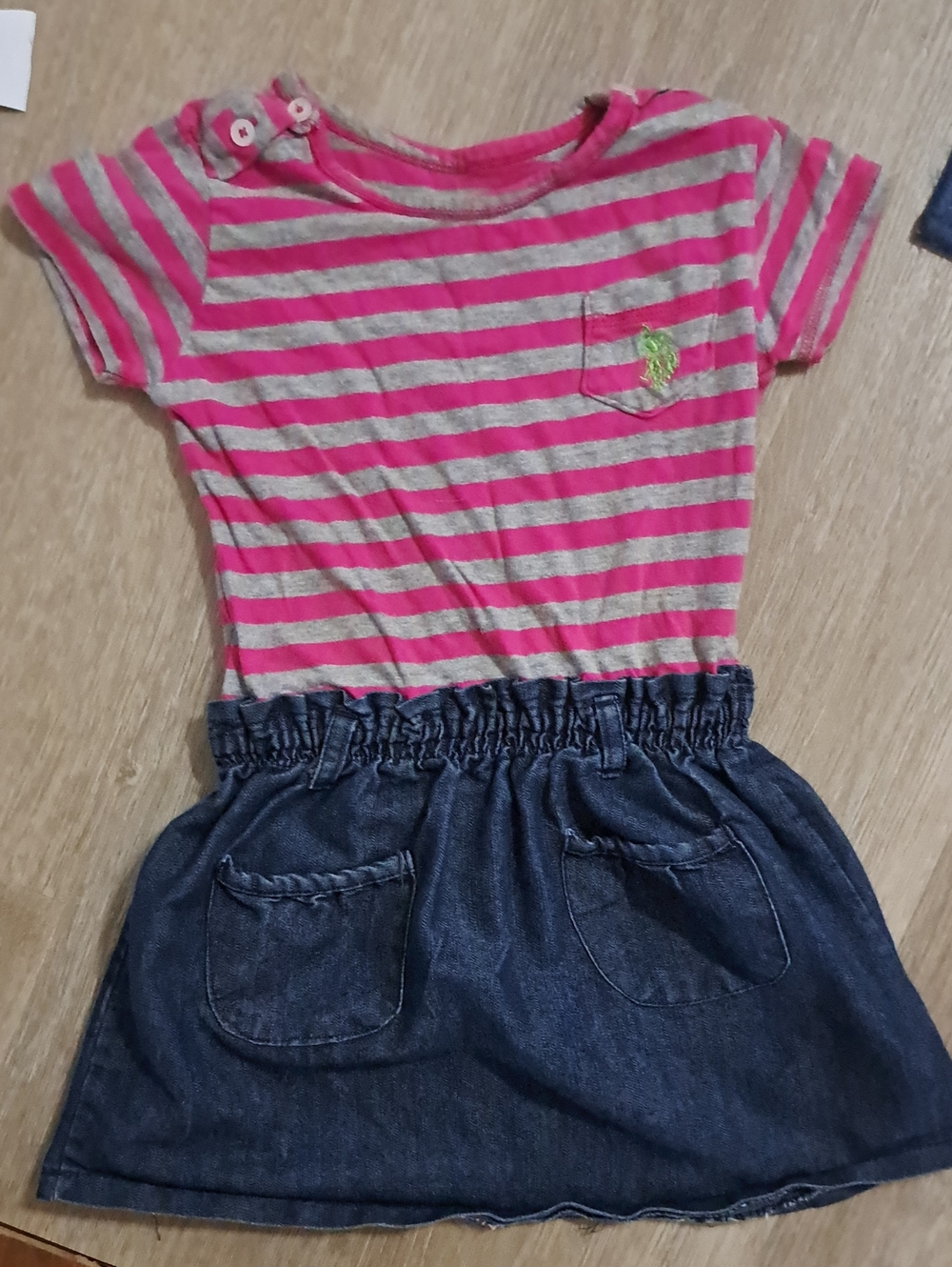 Girl's Pink & Gray Striped Top with Denim Skirt Dress